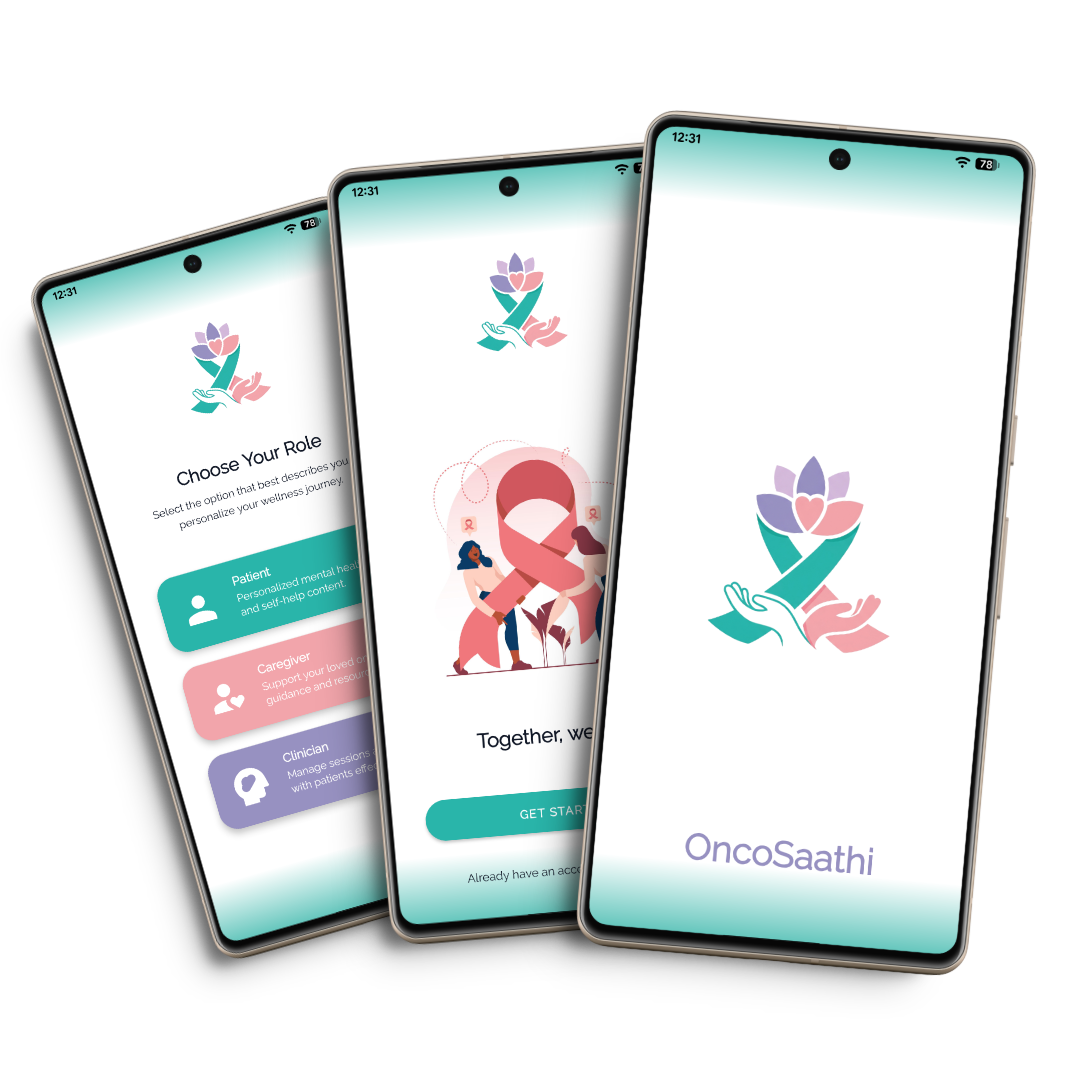 OncoSaathi mobile app showing cancer support features including emotional wellbeing, expert consultations, and nutrition guidance